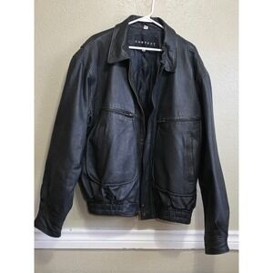 CONTEXT Black Leather Bomber Jacket Men's XLT Lined‎ Zip Front Pockets vintage